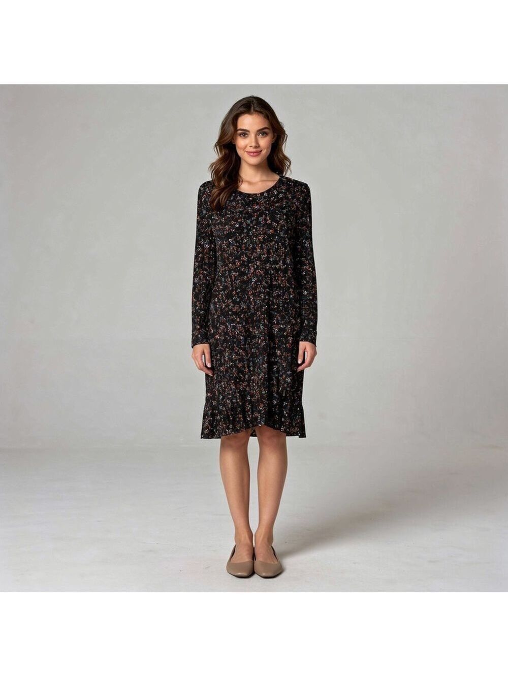 Banana Republic Black Floral Long-Sleeve Casual Dress ruffle hem size 12